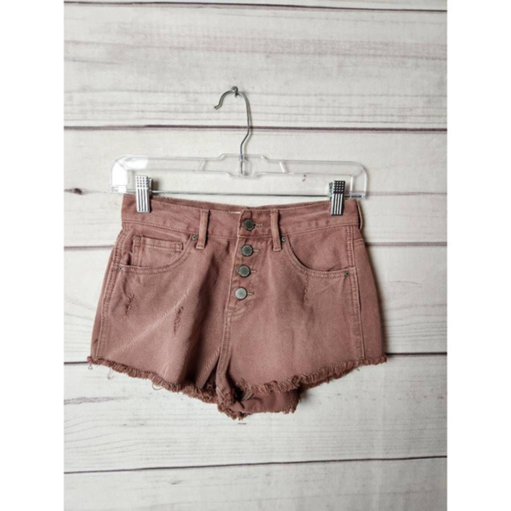 Bullhead Womens Cut Off Denim Shorts Pink Distressed High Rise Button Fly‎ 25